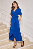 Royal Blue V-Neck Long Formal Dress with Short Sleeves