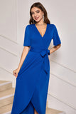 Royal Blue V-Neck Long Formal Dress with Short Sleeves