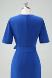 Royal Blue V-Neck Long Mother of Bride Dress with Short Sleeves