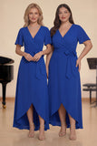 Royal Blue A-Line V-Neck Long Choir Dress with Short Sleeves