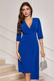 Royal Blue Bodycon V-Neck Pleated Cocktail Party Dress