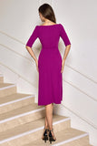 Grape Purple Asymmetrical Midi Cocktail Dress with Half Sleeves