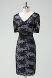 Black V-Neck Lace Sheath Midi Mother of Bride Dress with Short Sleeves