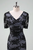 Black V-Neck Lace Sheath Midi Mother of Bride Dress with Short Sleeves