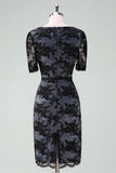 Black V-Neck Lace Sheath Midi Mother of Bride Dress with Short Sleeves