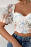 White Printed Corset Top with Puff Sleeves