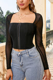 Black Corset Top with Sheer Long Sleeves