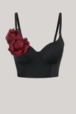 Elegant Black Crop Top with Red Flower