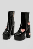 Black PU Leather Platform Chunky Block High Heel Boots with Pink Hearts