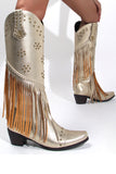 Women's Black Beaded Fringes Pointed Toe Chunky Hell Boots