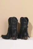 Retro Black Fringe Belt Buckle Chunky Low Heel Cowgirl Boots