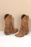 Retro Black Fringe Belt Buckle Chunky Low Heel Cowgirl Boots