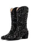 Glitter Black Mid Calf Sequins Snip Toe Chunky Heeled Boots