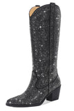 Silver Knee-High Shiny Pointed Toe Chunky Heel Boots