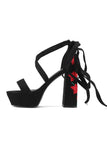 Women's Black Embroidery Strappy Chunky Heel Open Toe Sandals Shoes