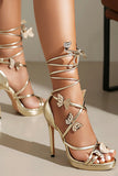 Women's Golden Metallic Strappy Stilletos Heels Sandals Shoes with Butterfly