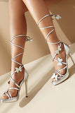 Women's Golden Metallic Strappy Stilletos Heels Sandals Shoes with Butterfly