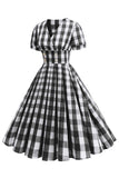 Black V Neck Plaid Vintage 1950s Dress