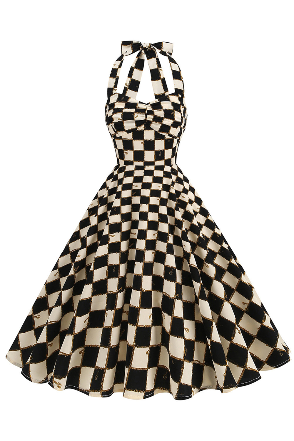 Zapaka Women Black Grid Plaid Halter Vintage 1950s Dress A Line Sleeveless Short Dress, Mix Black Grid / 2XL Zapaka Women Black Grid Plaid Halter Vintage 1950s Dress A Line Sleeveless Short Dress, Mix Black Grid / 2XL