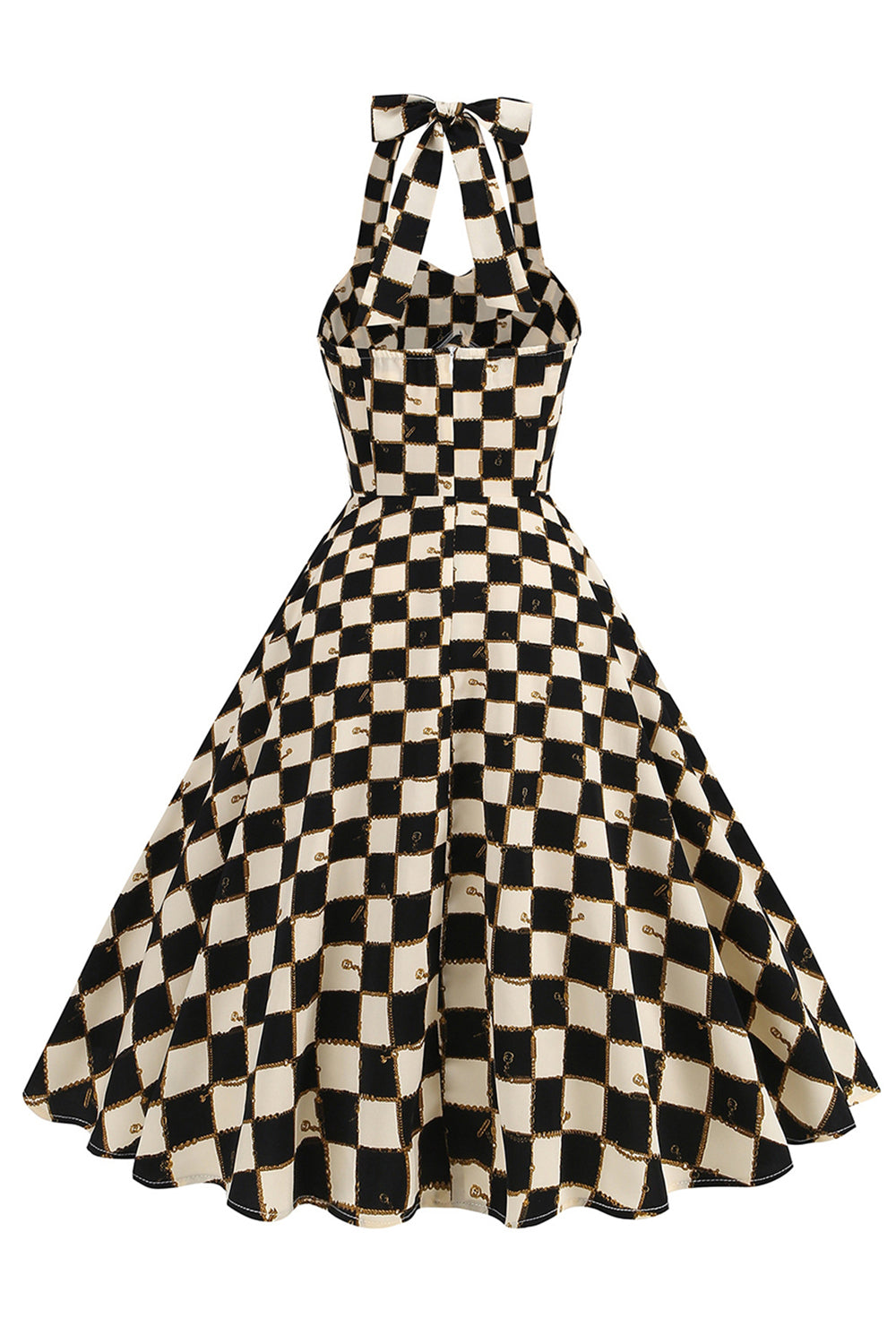 Zapaka Women Black Grid Plaid Halter Vintage 1950s Dress A Line Sleeveless Short Dress, Mix Black Grid / 2XL Zapaka Women Black Grid Plaid Halter Vintage 1950s Dress A Line Sleeveless Short Dress, Mix Black Grid / 2XL