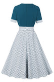 Blue White Polka Dots Square Neck Vintage 1950s Dress