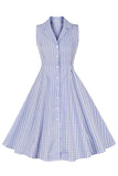 Blue Plaid Lapel Neck Vintage 1950s Dress