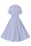 Blue Lapel Neck Plaid Vintage 1950s Dress