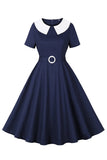 Navy Round Neck A Line Vintage 1950s Dress