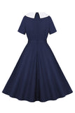 Navy Round Neck A Line Vintage 1950s Dress