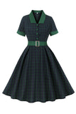 Navy Green Plaid Belted Swing 1950s Dress