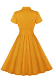 Yellow Ruffled Notched Lapel Belted Bows 1950s Dress with Pockets