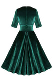 Dark Green Velvet V Neck Ruffled 1950s Dress