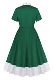 Dark Green Ruffled Asymmetrical 1950s Dress with Bows