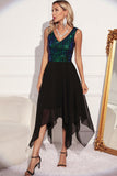 Sparkly Black Green V-Neck Tulle Cocktail Dress