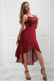 Sparkly Burgundy Spaghetti Straps Asymmetrical Party Dress