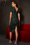 Sparkly Dark Green Tight Sequined Party Dress with Short Sleees