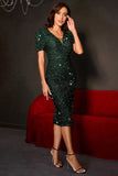 Sparkly Dark Green Tight Sequined Party Dress with Short Sleees