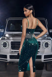 Sparkly Dark Green Spaghetti Straps Sequined Tight Party Dress with Slit