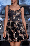 Sparkly A Line Black Golden Floral Homecoming Dress with Sequins