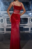 Sparkly Dark Red Spaghetti Straps Corset Prom Dress with Slit