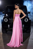 Sparkly Pink Mermaid Strapless Sequins Prom Dress with Slit