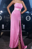 Sparkly Pink Mermaid Strapless Sequins Prom Dress with Slit