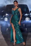 Sparkly Dark Green Mermaid Sequin Fringed Evening Dress with Slit