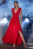 Red A Line V Neck Long Dress with Slit