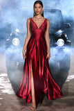 Dark Red A Line V Neck Satin Long Dress with Slit