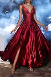 Dark Red A Line V Neck Satin Long Dress with Slit