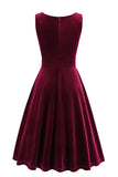 Burgundy A Line V Neck Pleated Short Vintage 1950s Dress