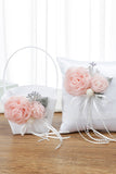 White Wedding Basket and Pillow Set with Pink Flower