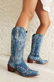 Classic Black Embroidered Pointed Toe Knee High Wide Calf Cowgirl Boots