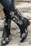 Black Embroidered Pointed Toe Chunky Heel Western Boots